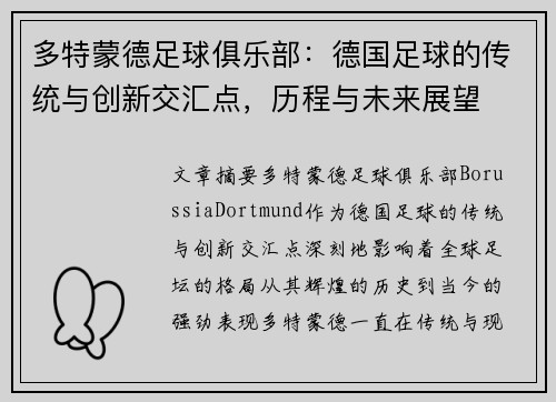 多特蒙德足球俱乐部：德国足球的传统与创新交汇点，历程与未来展望