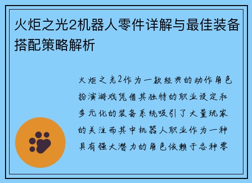 火炬之光2机器人零件详解与最佳装备搭配策略解析 火炬之光2机器人零件详解与最佳装备搭配策略解析